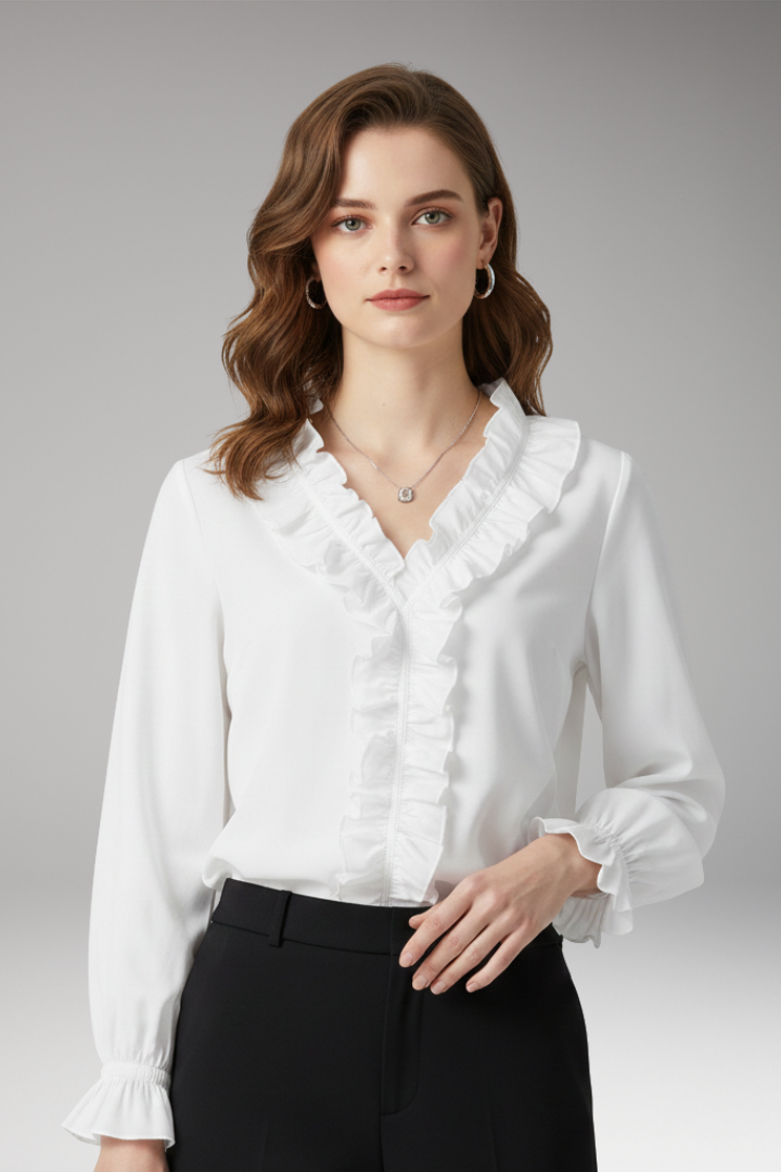 Women's Blouse with V-Neckline and Ruffled Detail