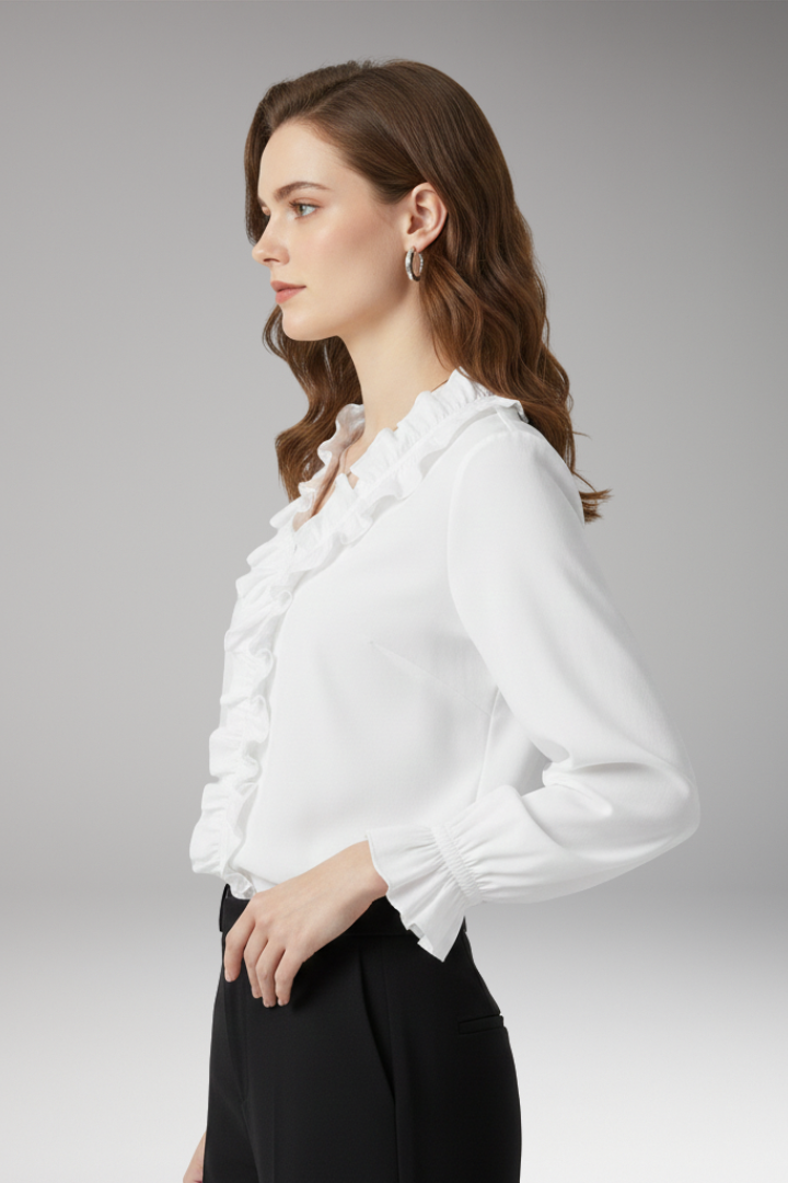 Women's Blouse with V-Neckline and Ruffled Detail