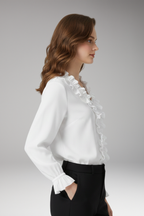 Women's Blouse with V-Neckline and Ruffled Detail