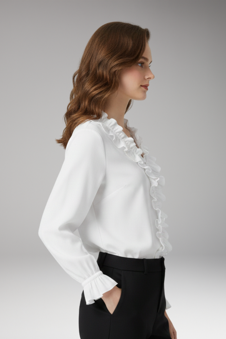 Women's Blouse with V-Neckline and Ruffled Detail