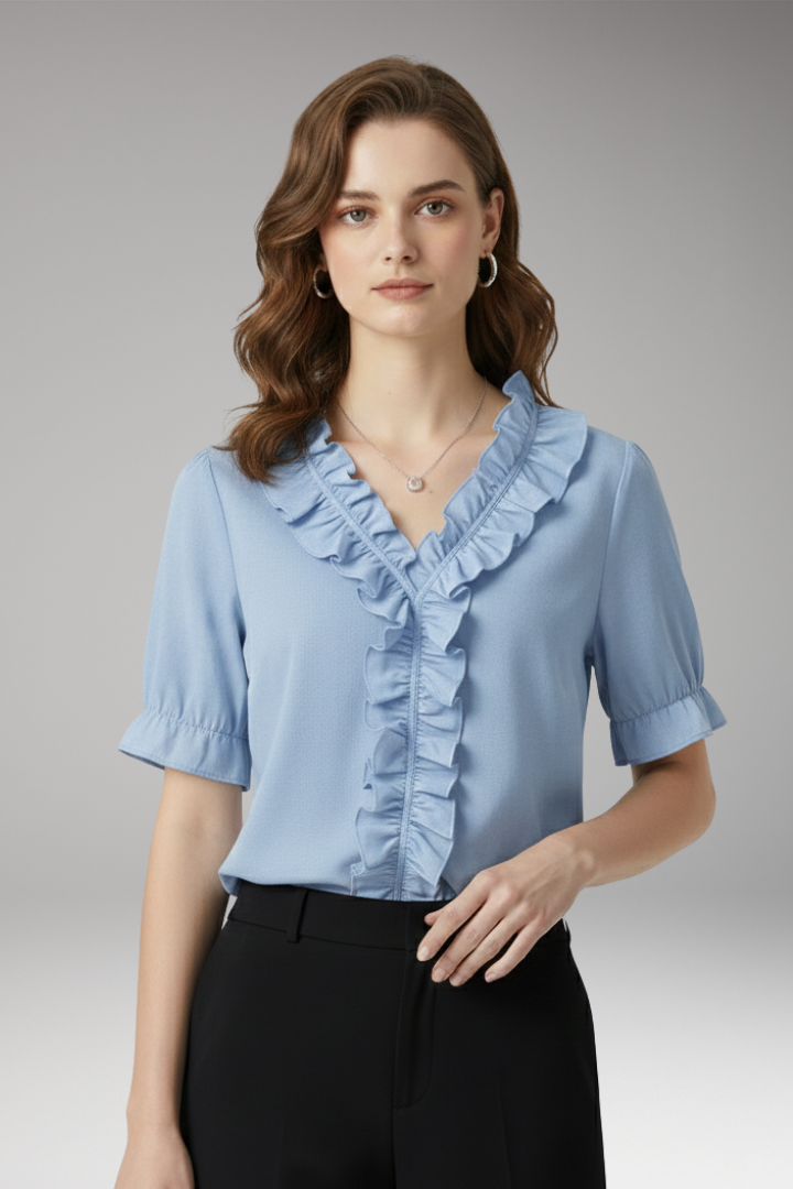 Women's Blouse with V-Neckline and Ruffled Detail