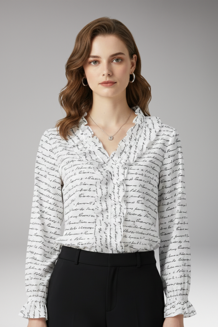 Women's Blouse with V-Neckline and Ruffled Detail