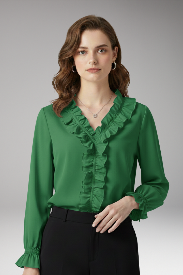 Women's Blouse with V-Neckline and Ruffled Detail