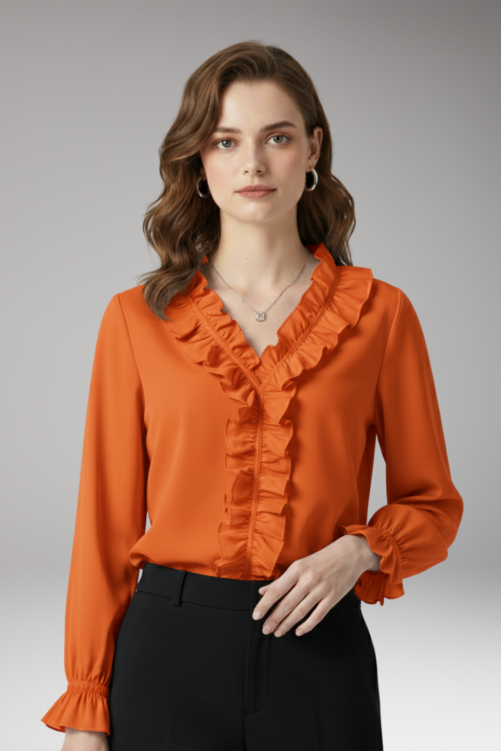 Women's Blouse with V-Neckline and Ruffled Detail