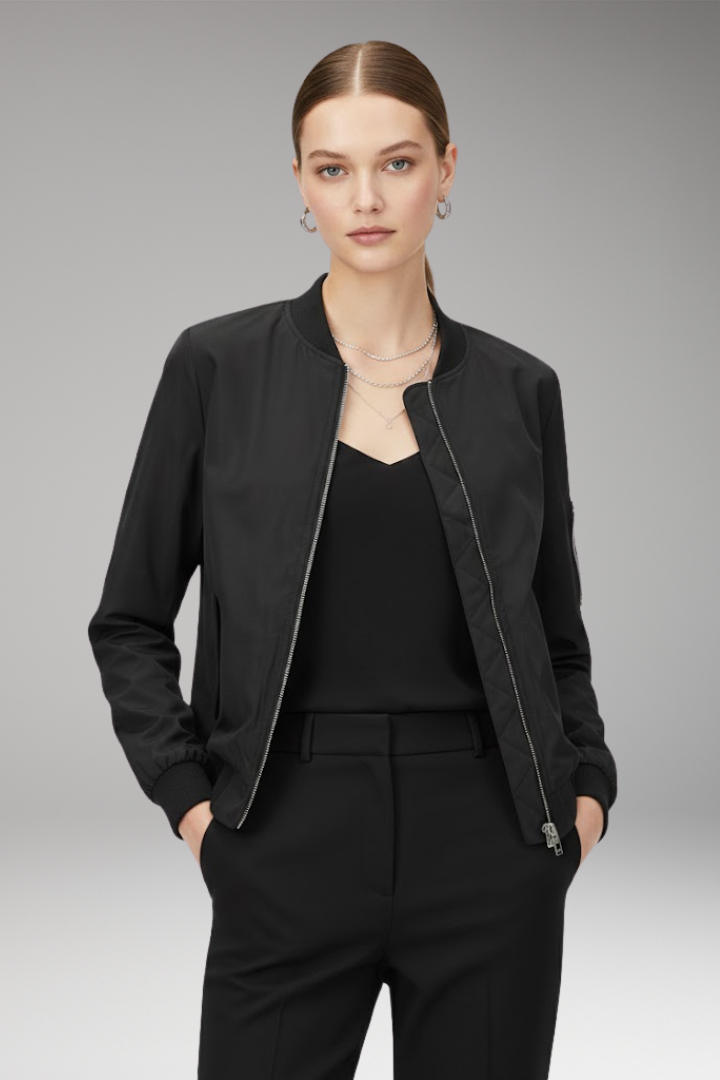 Women's Bomber Jacket with Adjustable Hem and Elastic Cuffs