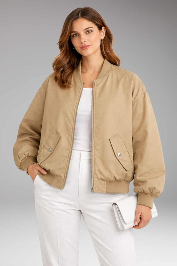 Women's Bomber Jacket with Front Zip and Oversized Shape