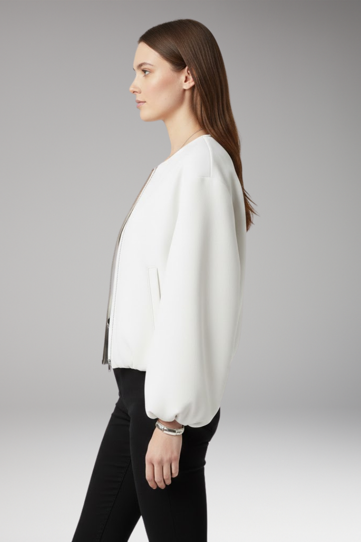 Women's Bomber Jacket with Front Zipper and Ribbed Cuffs