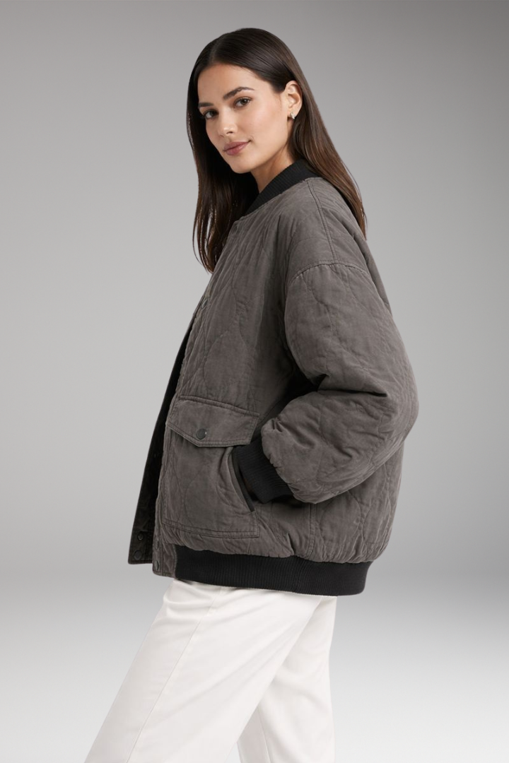 Women's Bomber Jacket with Oversized Shape and Woven Surface