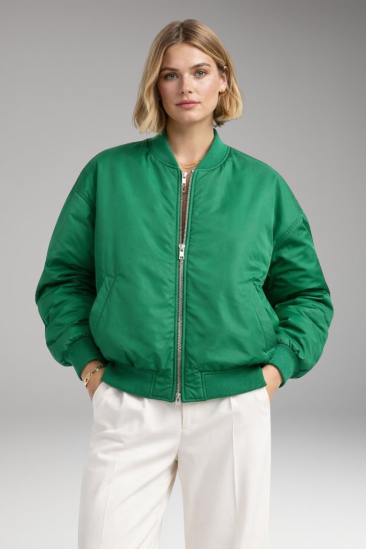 Women's Bomber Jacket with Ribbed Neckline and Zipper Closure