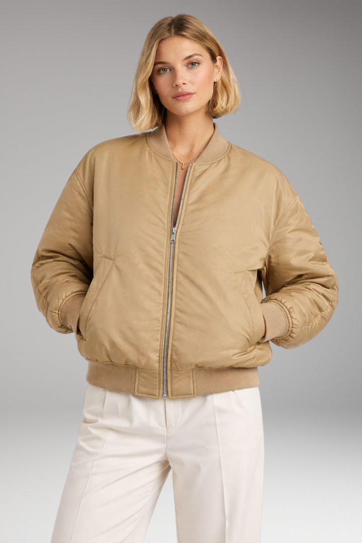 Women's Bomber Jacket with Ribbed Neckline and Zipper Closure