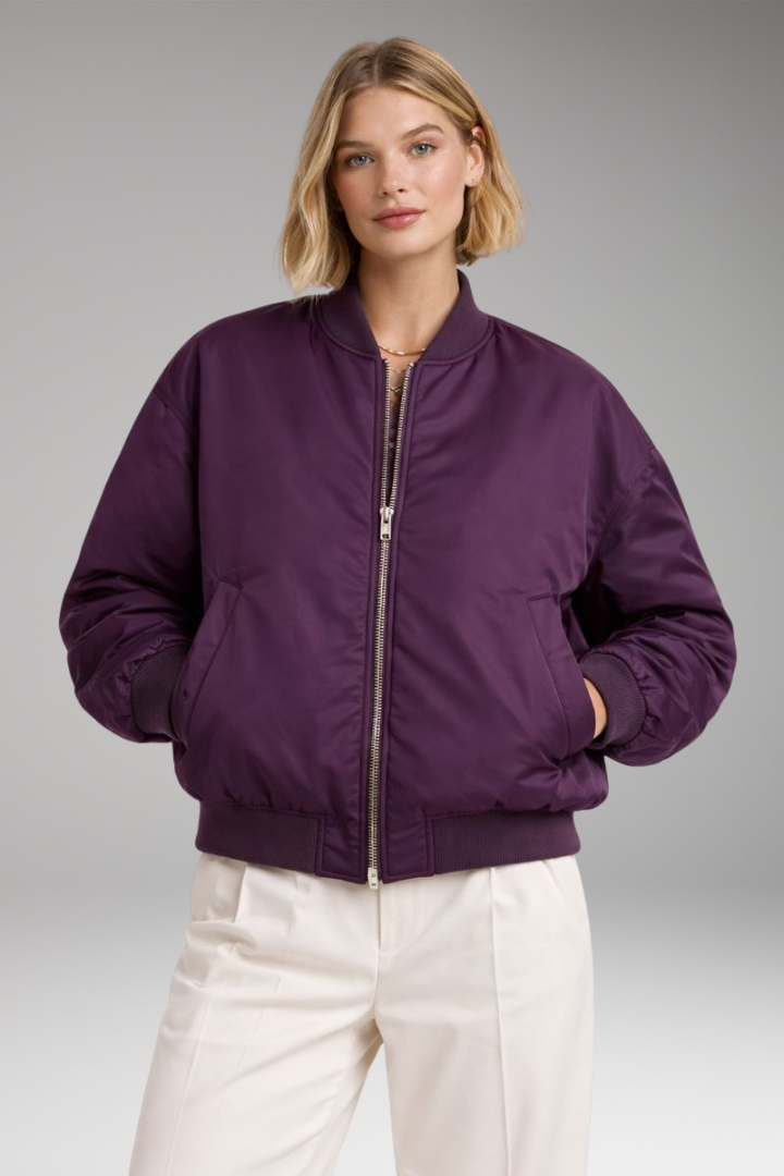 Women's Bomber Jacket with Ribbed Neckline and Zipper Closure