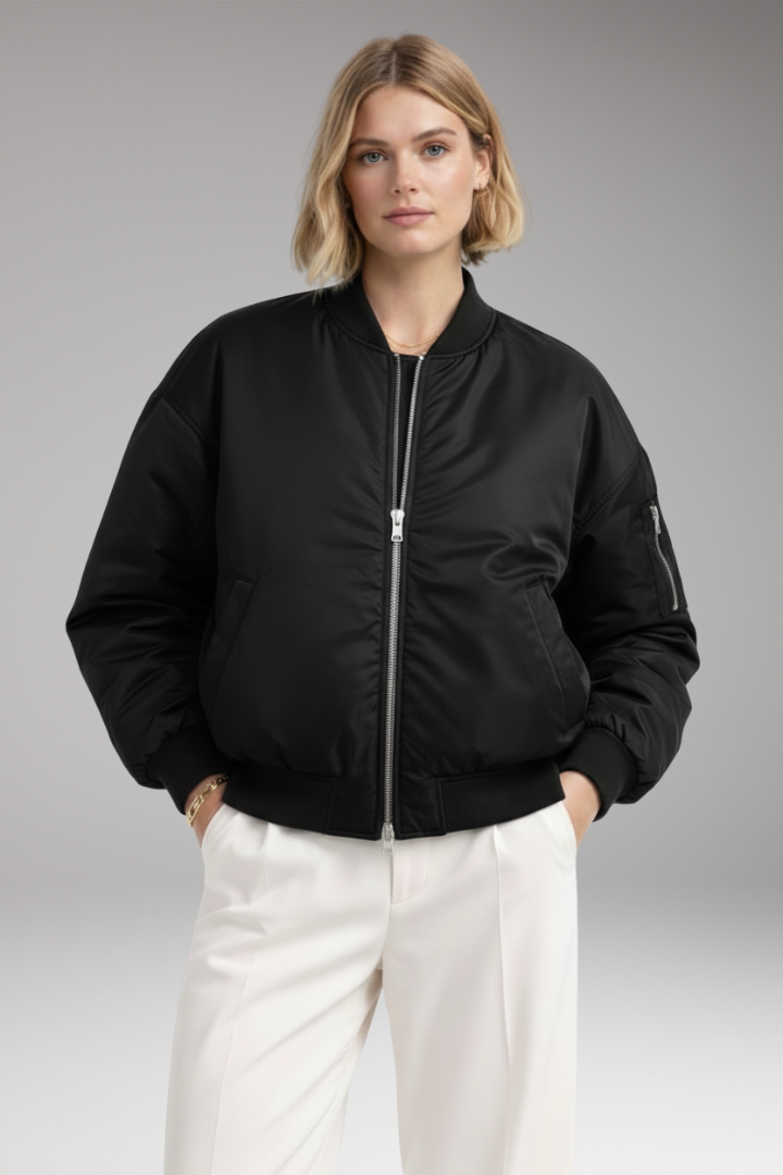Women's Bomber Jacket with Ribbed Neckline and Zipper Closure