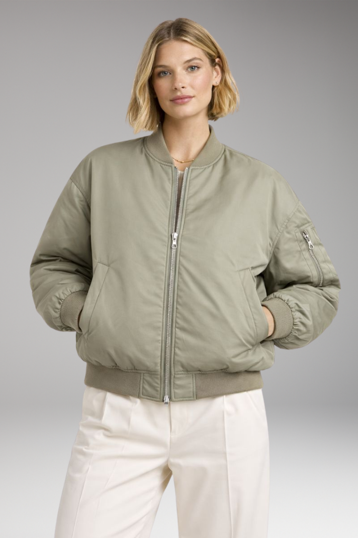 Women's Bomber Jacket with Ribbed Neckline and Zipper Closure