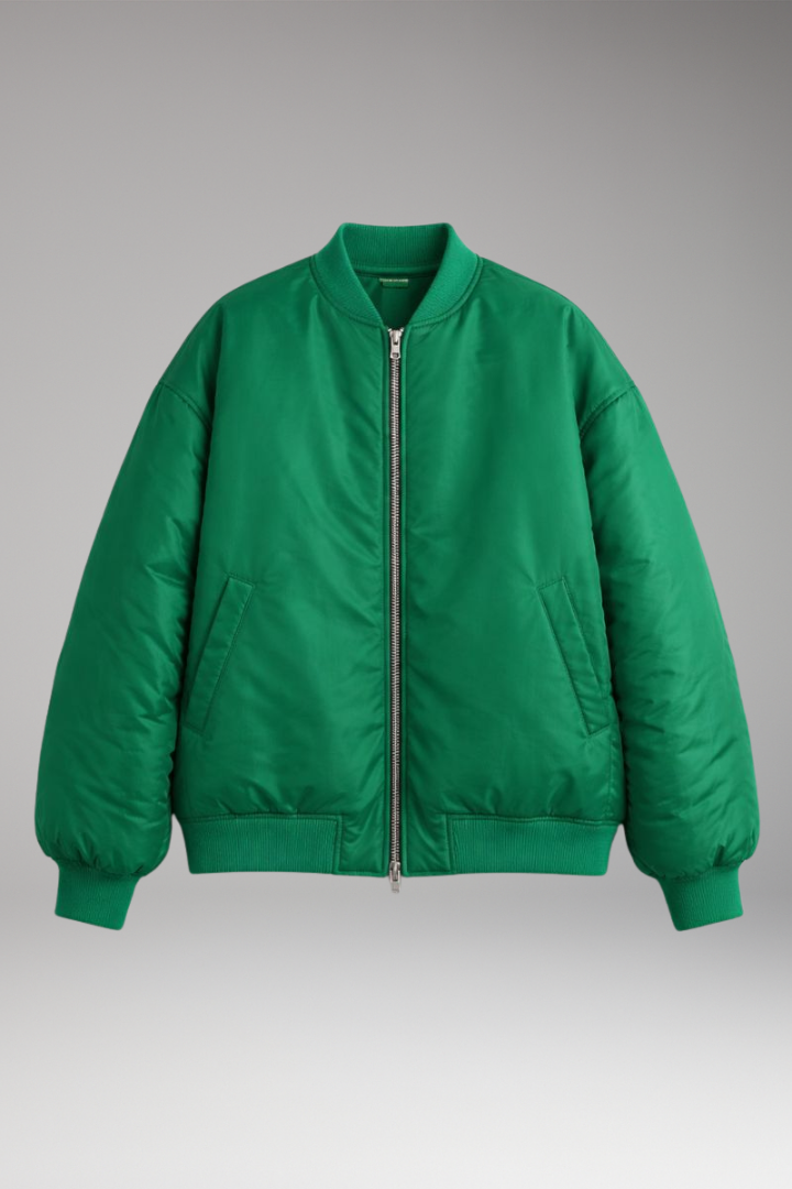 Women's Bomber Jacket with Ribbed Neckline and Zipper Closure