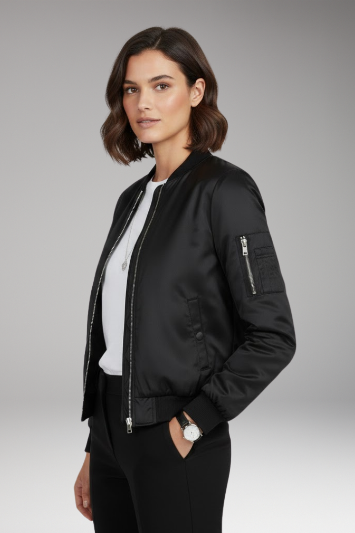 Women's Bomber Jacket with Round Neck and Zip Closure
