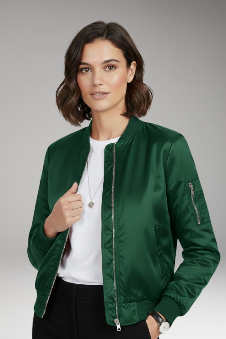 Women's Bomber Jacket with Round Neck and Zip Closure