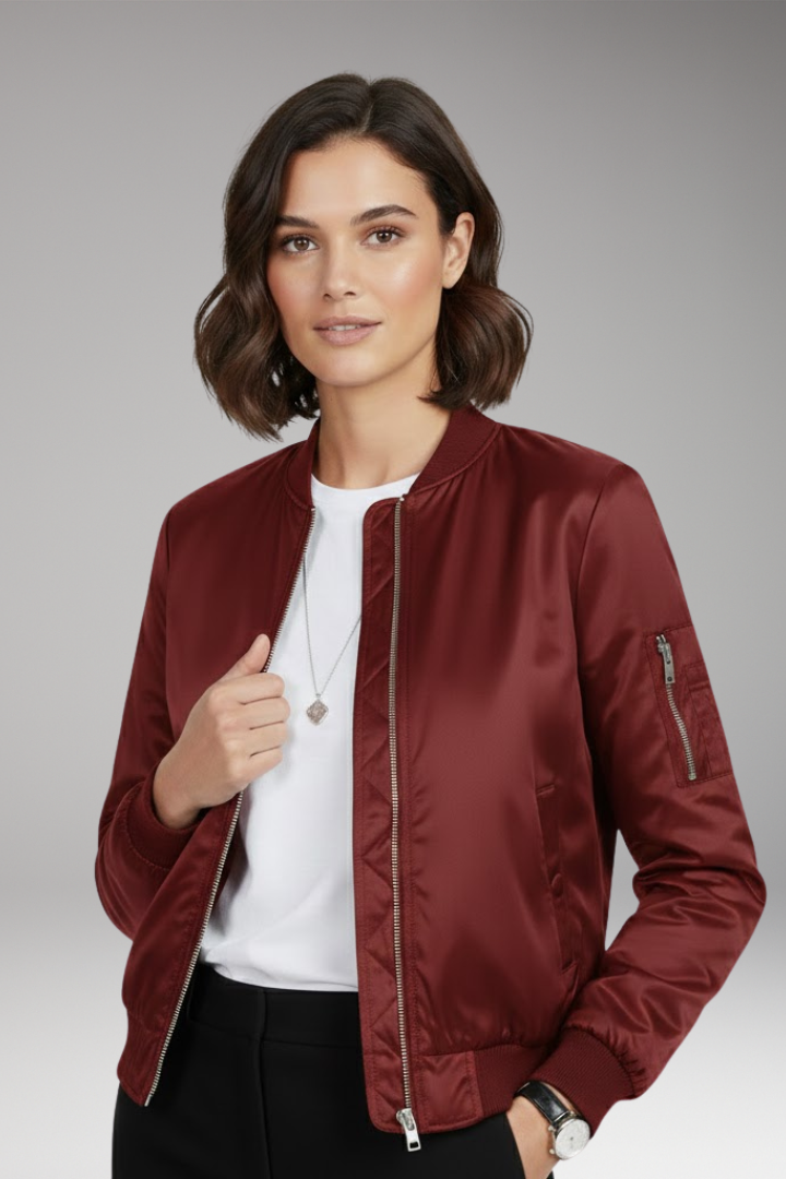 Women's Bomber Jacket with Round Neck and Zip Closure