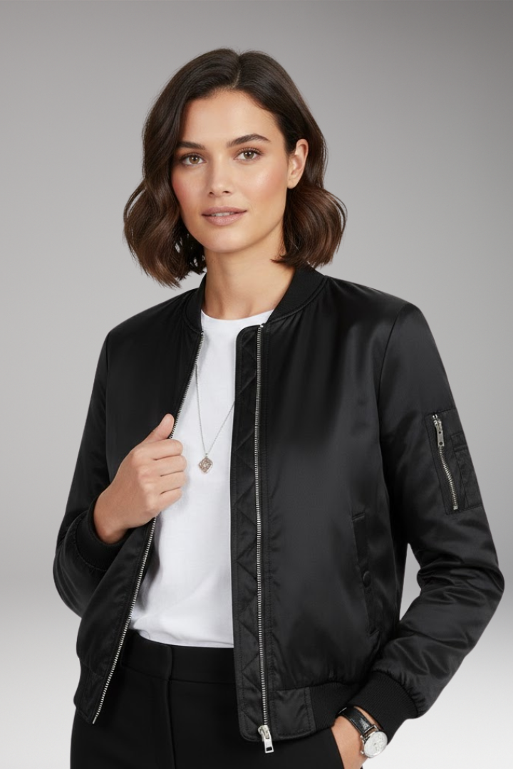 Women's Bomber Jacket with Round Neck and Zip Closure