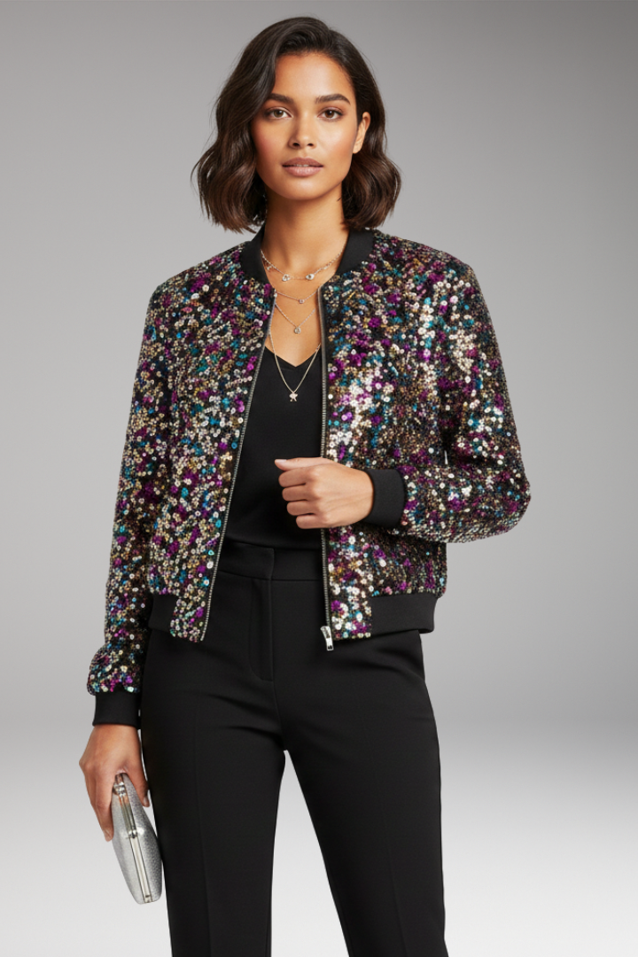 Women's Bomber Jacket with V-Neckline and Polka Dot Surface