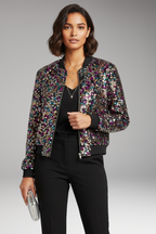 Women's Bomber Jacket with V-Neckline and Polka Dot Surface