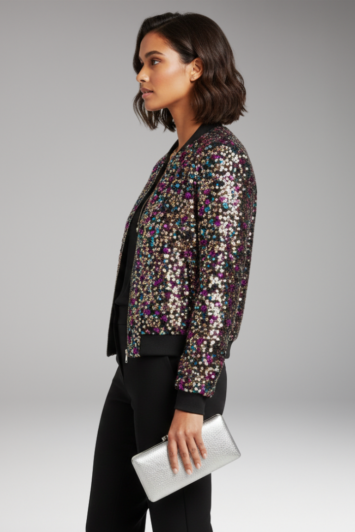 Women's Bomber Jacket with V-Neckline and Polka Dot Surface