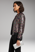 Women's Bomber Jacket with V-Neckline and Polka Dot Surface