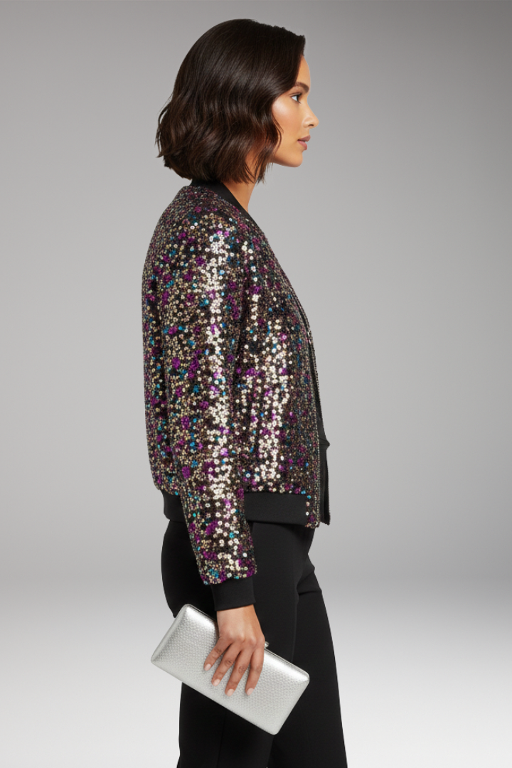 Women's Bomber Jacket with V-Neckline and Polka Dot Surface