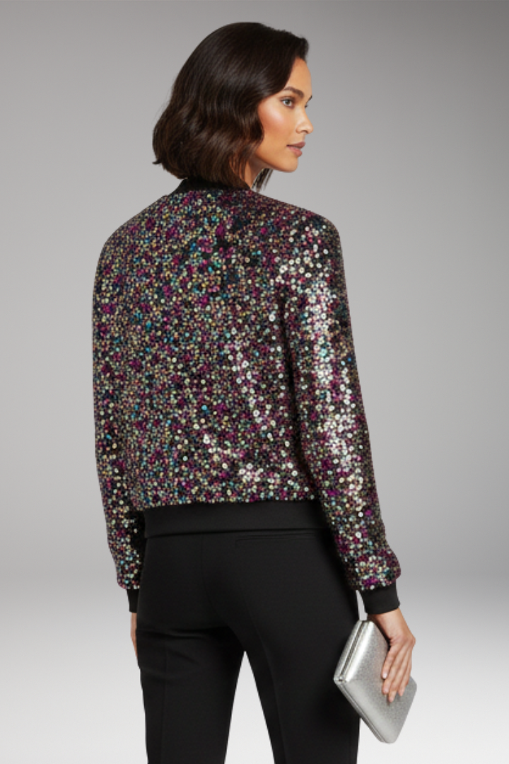 Women's Bomber Jacket with V-Neckline and Polka Dot Surface