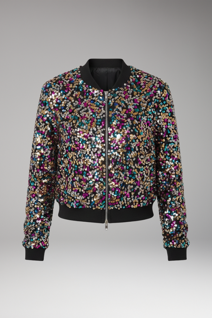 Women's Bomber Jacket with V-Neckline and Polka Dot Surface