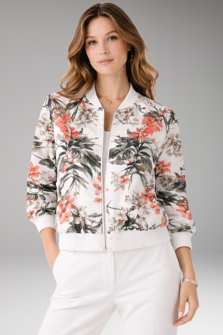 Women's Bomber Jacket with Zipper Closure and Floral Surface