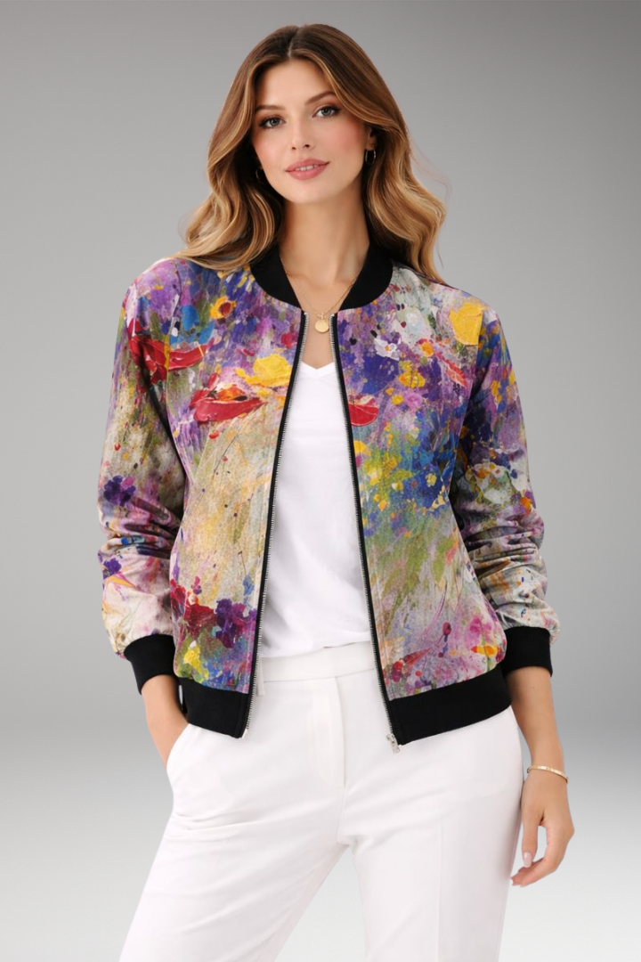 Women's Bomber Jacket with Zipper Closure and Floral Surface