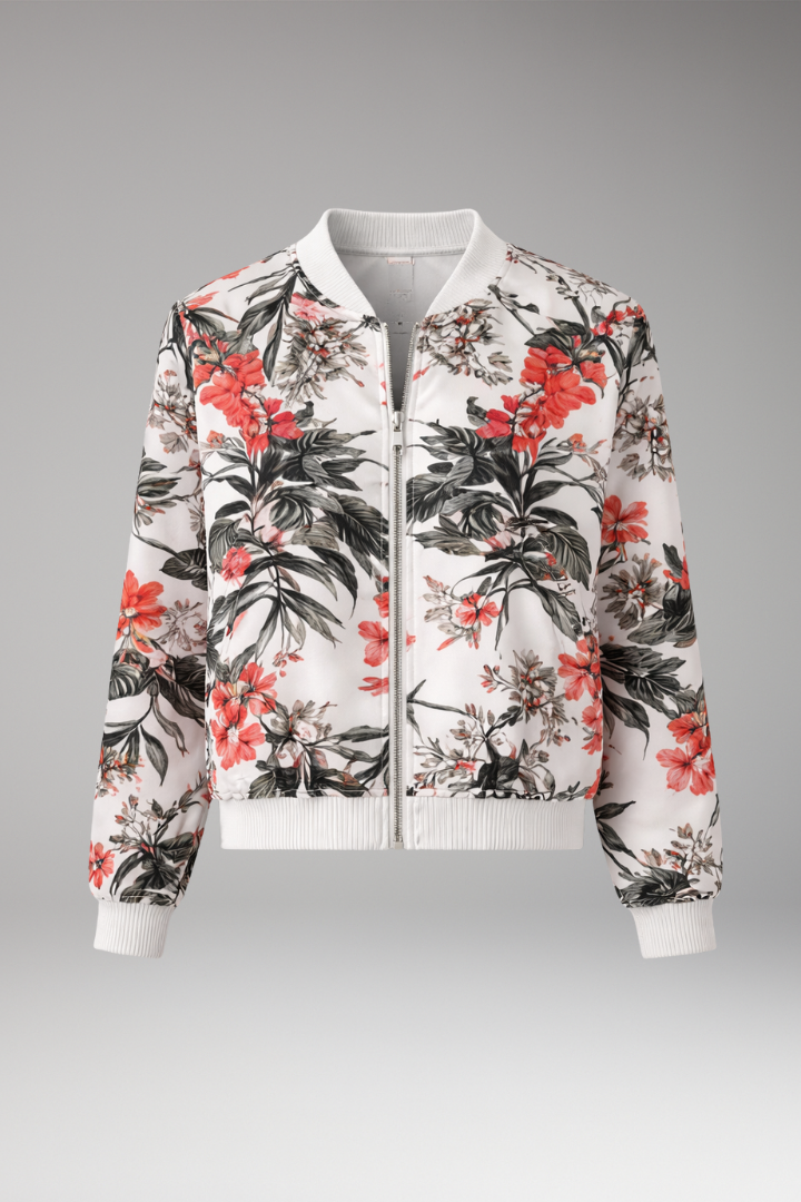 Women's Bomber Jacket with Zipper Closure and Floral Surface