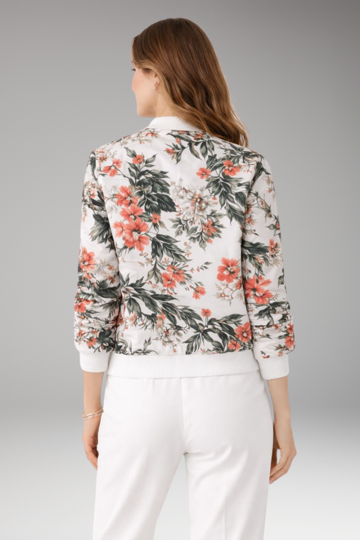 Women's Bomber Jacket with Zipper Closure and Floral Surface