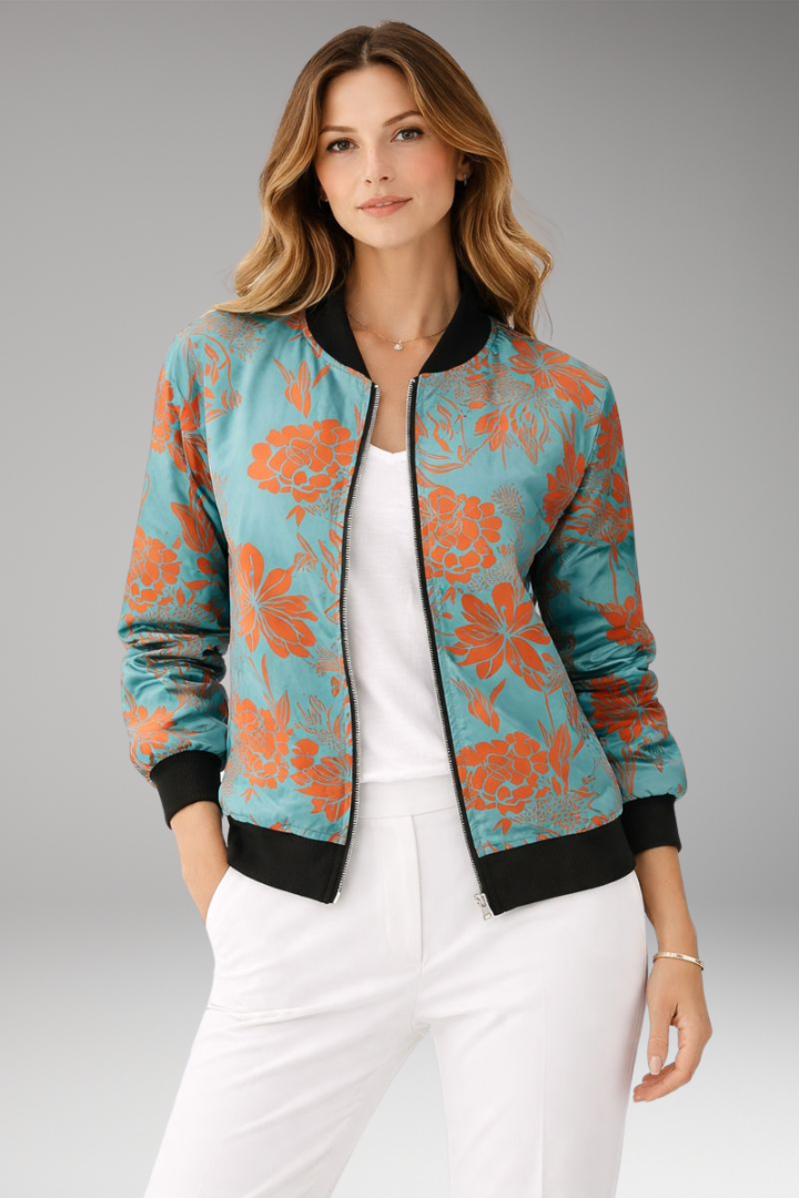 Women's Bomber Jacket with Zipper Closure and Floral Surface