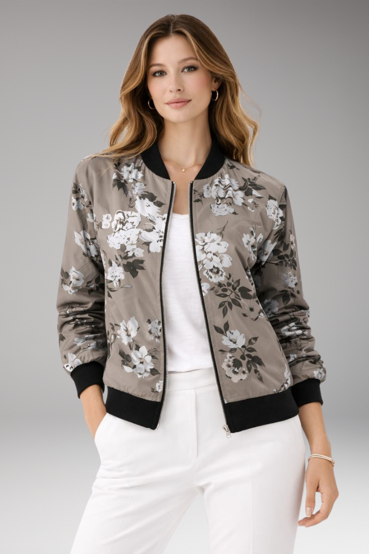 Women's Bomber Jacket with Zipper Closure and Floral Surface