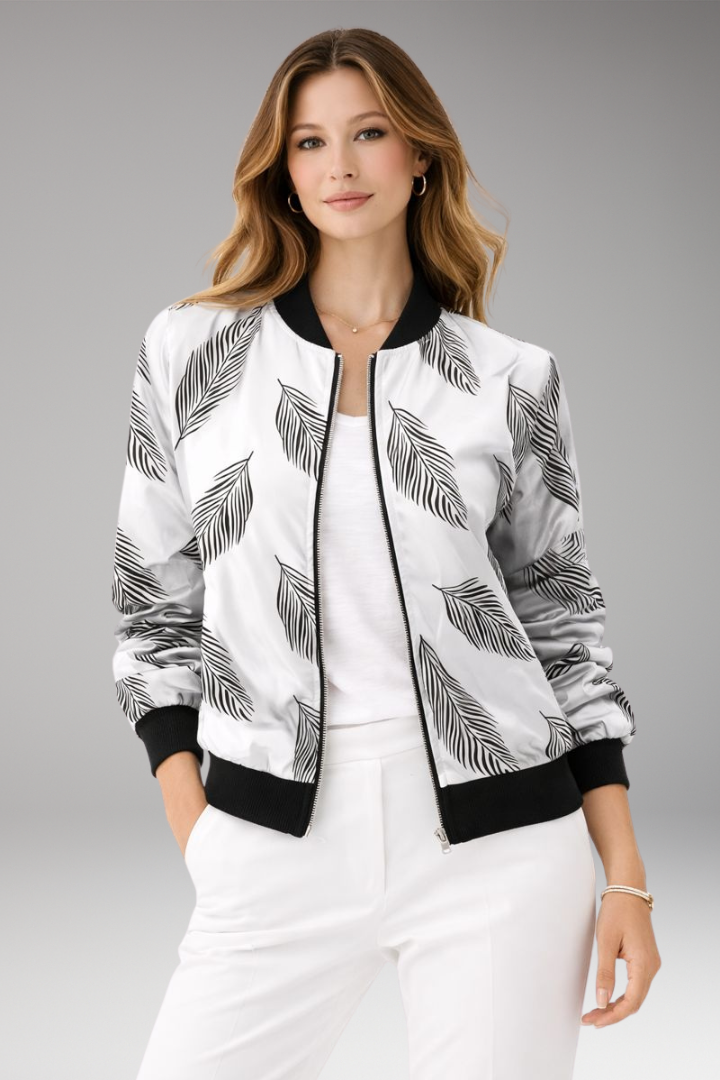 Women's Bomber Jacket with Zipper Closure and Floral Surface
