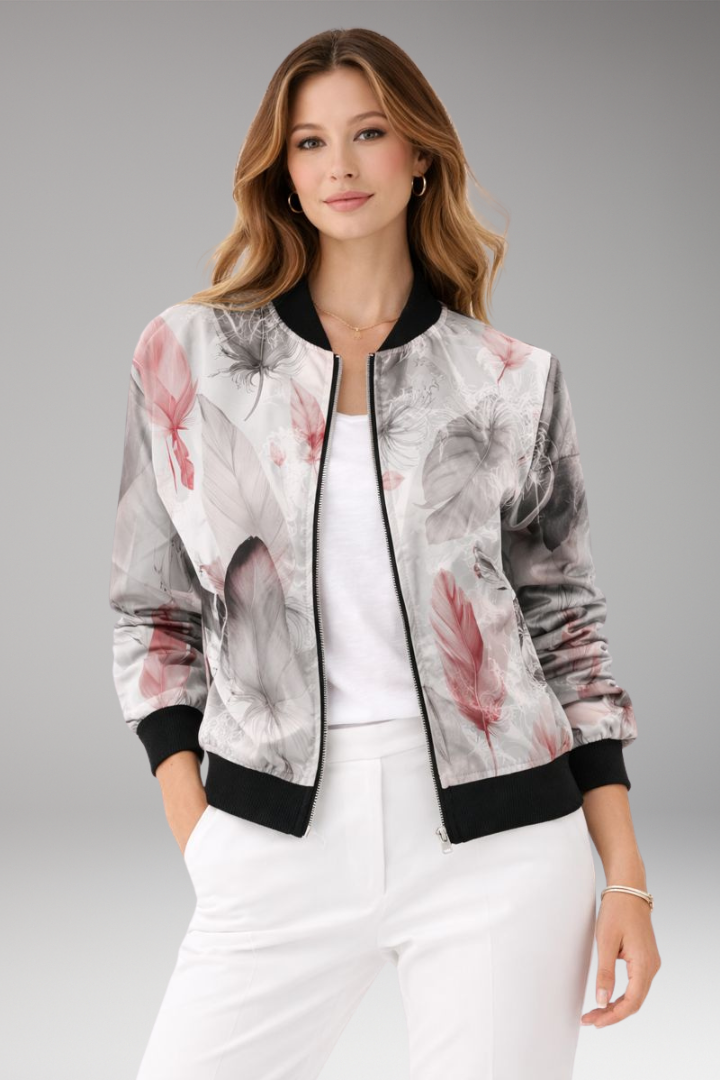 Women's Bomber Jacket with Zipper Closure and Floral Surface