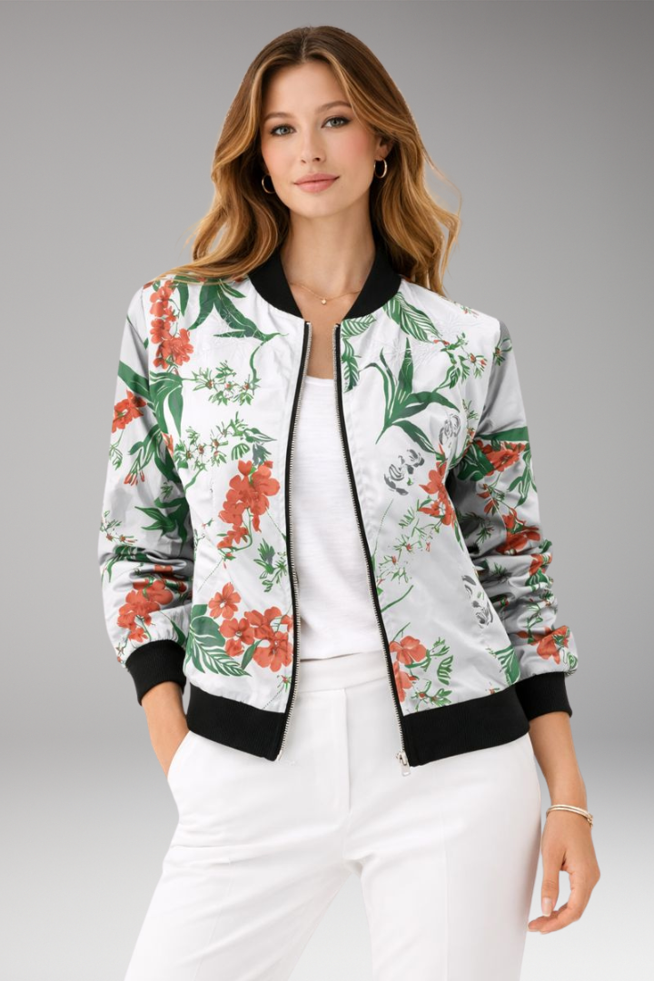 Women's Bomber Jacket with Zipper Closure and Floral Surface