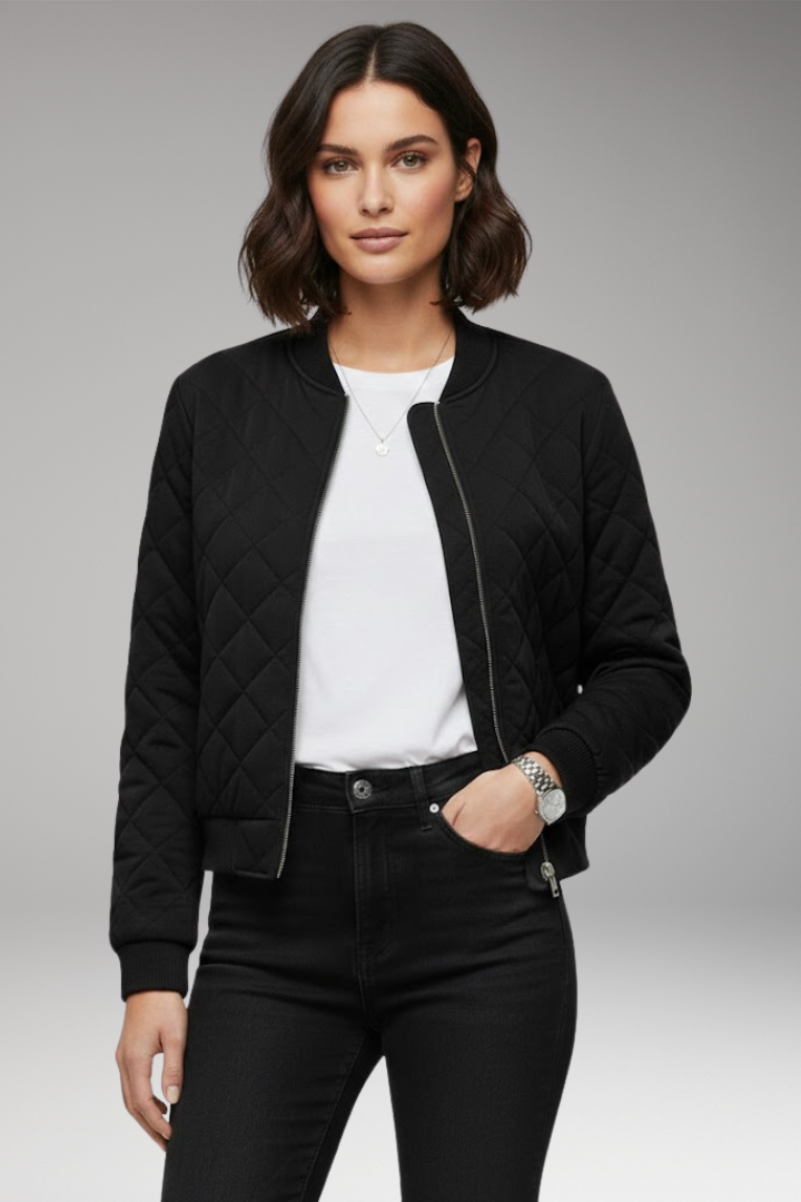 Women's Bomber Jacket with Zipper Closure and Ribbed Details