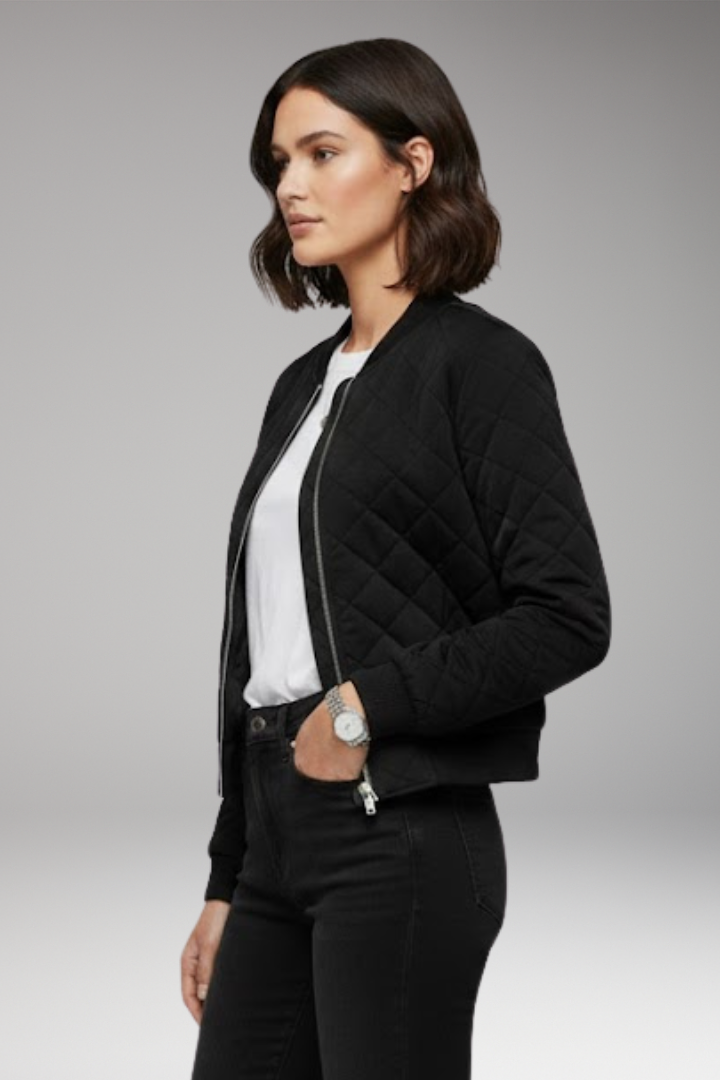 Women's Bomber Jacket with Zipper Closure and Ribbed Details