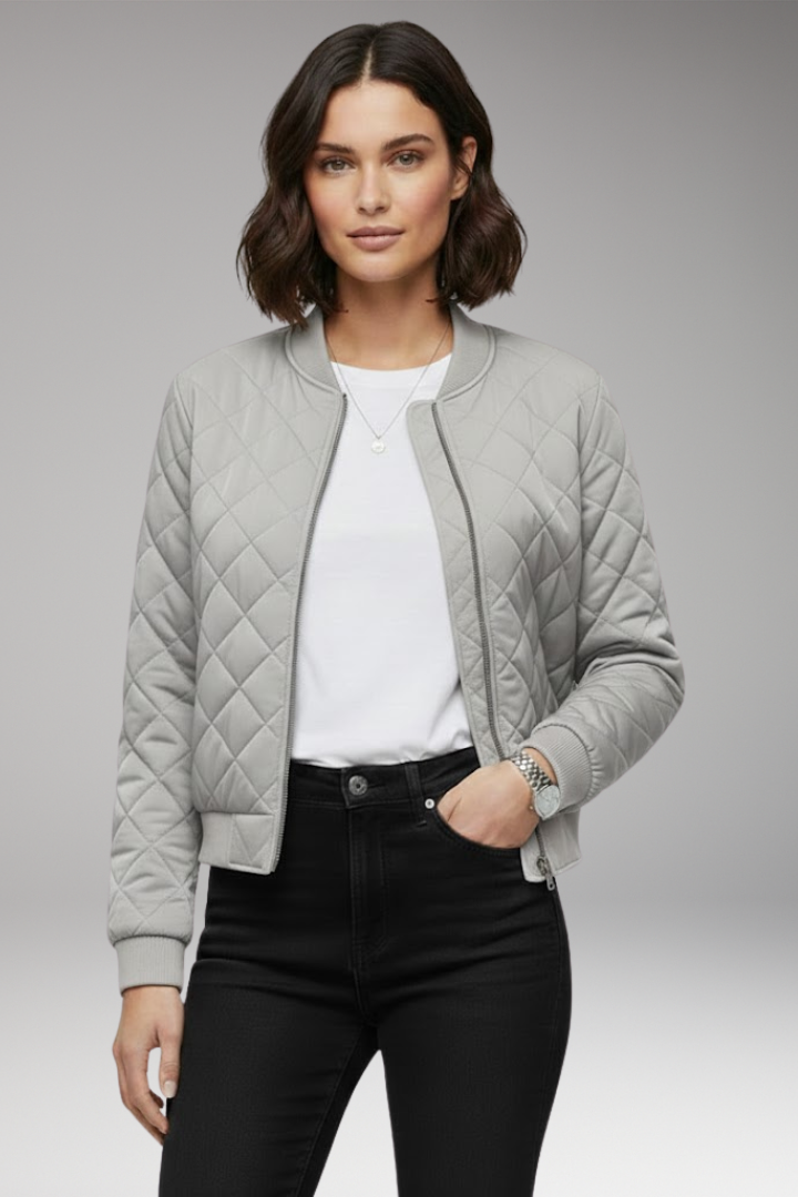 Women's Bomber Jacket with Zipper Closure and Ribbed Details