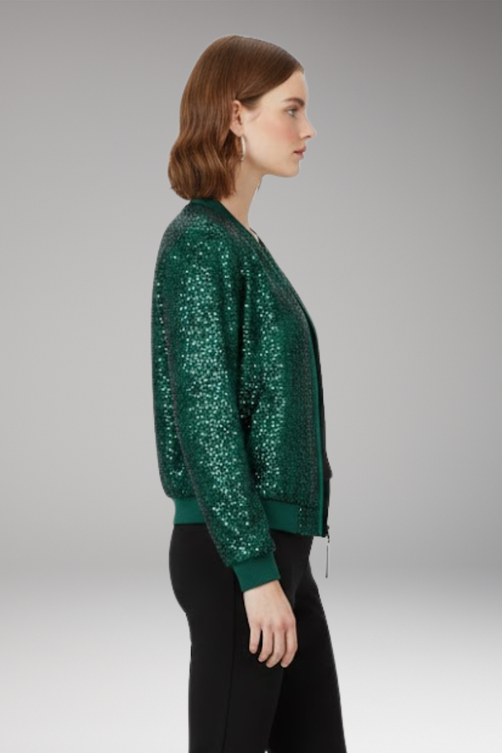 Women's Bomber Jacket with Zipper and Glitter Appliqués