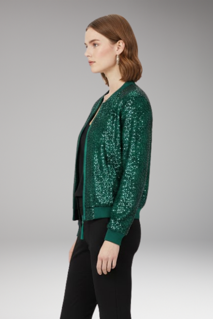 Women's Bomber Jacket with Zipper and Glitter Appliqués