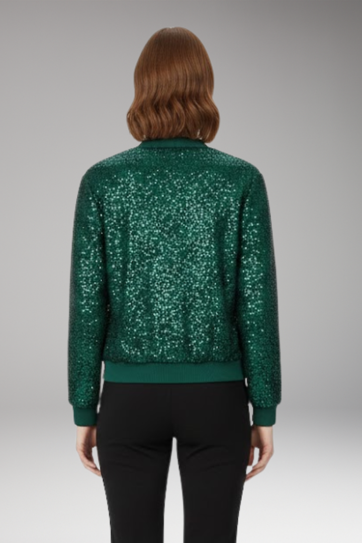 Women's Bomber Jacket with Zipper and Glitter Appliqués