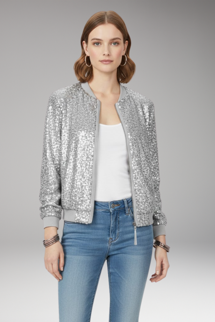 Women's Bomber Jacket with Zipper and Glitter Appliqués