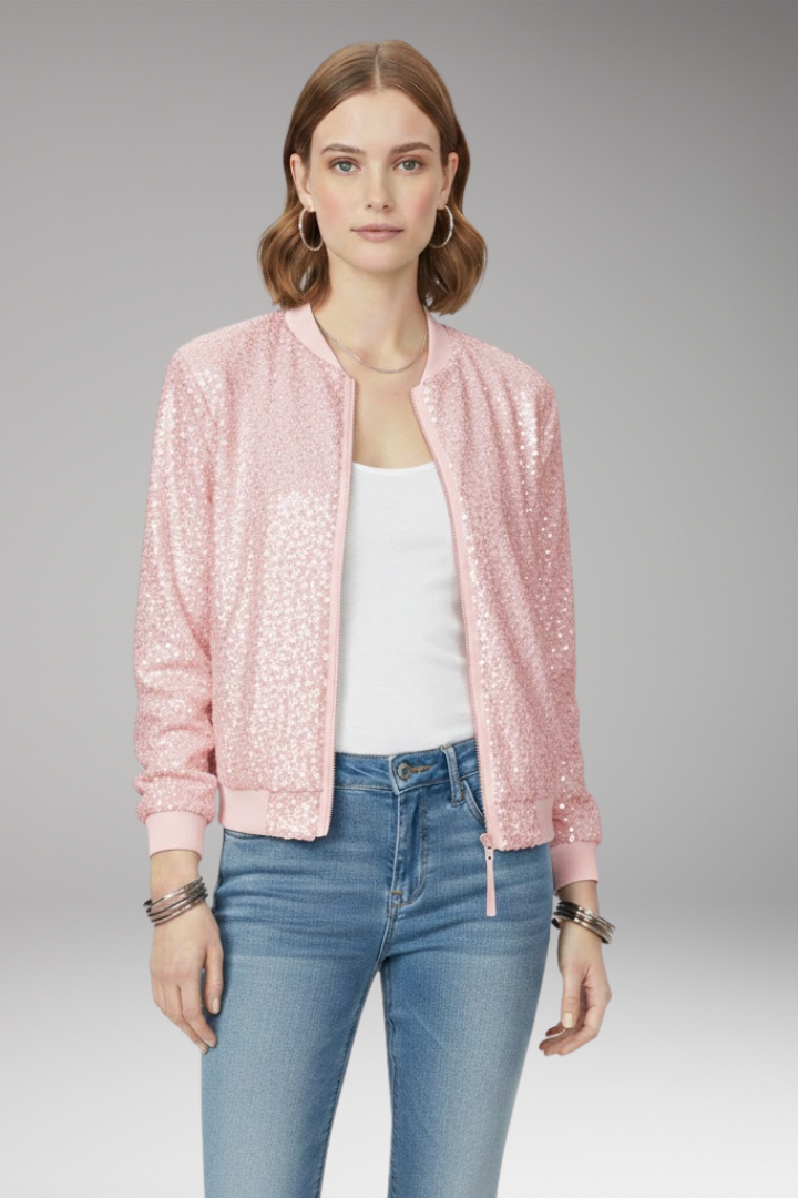 Women's Bomber Jacket with Zipper and Glitter Appliqués
