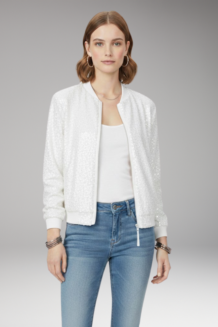 Women's Bomber Jacket with Zipper and Glitter Appliqués