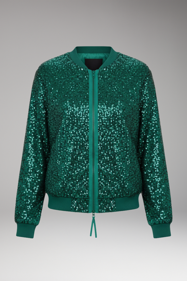 Women's Bomber Jacket with Zipper and Glitter Appliqués