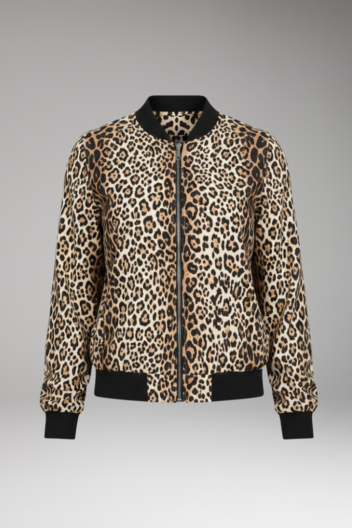 Women's Bomber Jacket with Zipper and Leopard Pattern