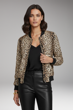 Women's Bomber Jacket with Zipper and Leopard Pattern